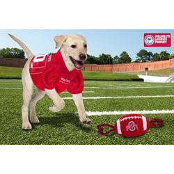 Pets First NCAA Ohio State Buckeyes Football Dog Toy, Tough Quality Nylon Materials, Strong Pull Ropes, Inner Squeaker, Collegiate Team Color