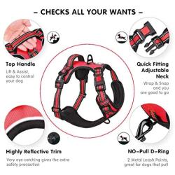 PoyPet No Pull Dog Harness, [Release on Neck] Reflective Adjustable No Choke Pet Vest with Front & Back 2 Leash Attachments, Soft Control Training Handle for Small Medium Large Dogs(Red,L)