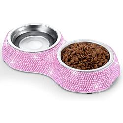 SAVORI Small Cat Bowls Pink, 320ML Handmade Bling Rhinestones Stainless Steel Pet Bowls Removable Double Food Water Feeder for Puppy Cats Dogs