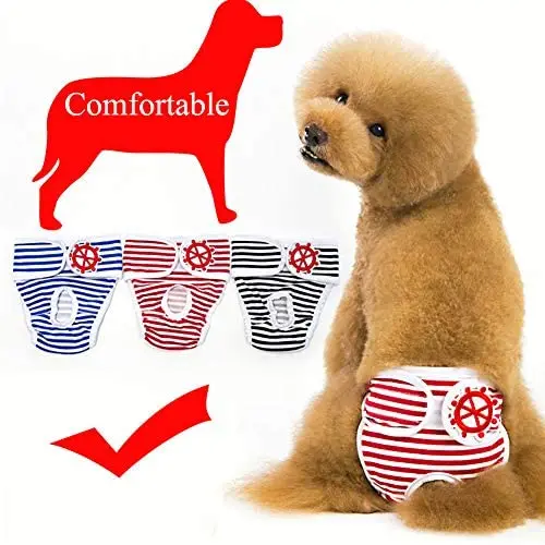 SiNetGuy Washable Female Dog Diapers (3pack), Premium Reusable Leakproof Puppy Stripe Nappies Highly Absorbent with Strong & Flexible Velcro for Doggie in Heat
