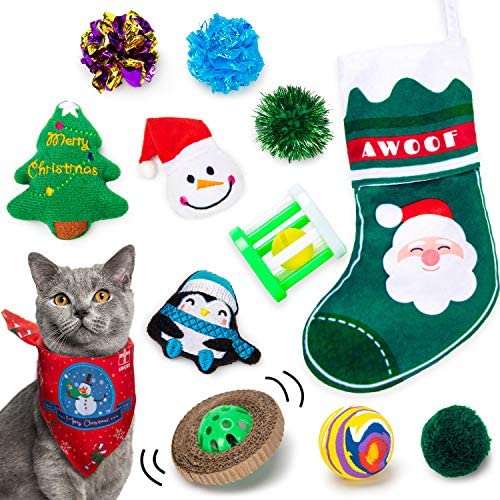 AWOOF Cat Christmas Toys, Christmas Stocking Cat Toy Gift Set 12Pcs Cat Toys Set for Kitten with Pet Cat Christmas Bandana