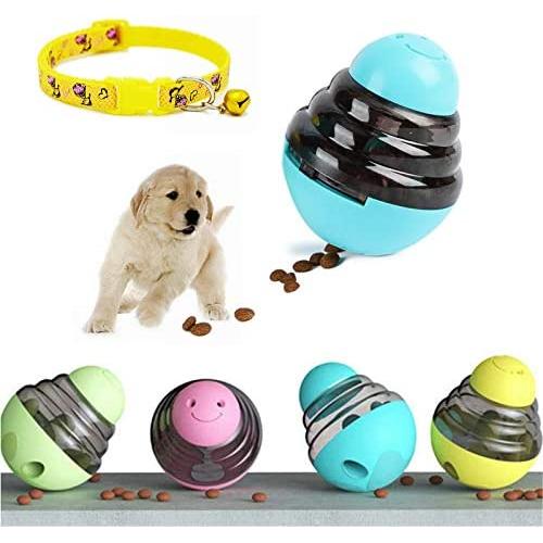 Arestle 2 Pack Pet Interactive Tumbler Food Leak Ball with 2 Adjustable Leak Holes, Funny Puzzle Self Feeding Slow Eat Toy +Dog Cat Reflective Collar Breakaway with Bell Buckle (Blue)