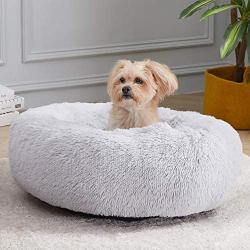WAYIMPRESS Calming Dog Bed for Small Dog&Cat ,Comfy Self Warming Round Dog Bed with Fluffy Faux Fur for Anti Anxiety and Cozy (20 x 20 Inch, Grey)