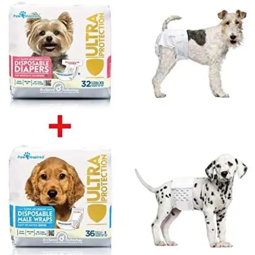 Paw Inspired 32ct Disposable Female Dog Diapers and 36ct Disposable Male Dog Wraps Combo Pack| Puppy Diapers for Female Dog in Heat and Male Dog Belly Bands for Dog Incontinence, Excitable Urinatation Paw Inspired 32ct Disposable Female Dog Diapers and 36ct Disposable Male Dog Wraps Combo Pack| Puppy Diapers for Female Dog in Heat and Male Dog Belly Bands for Dog Incontinence, Excitable Urinatation
