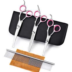 Freewindo Dog Grooming Scissors Kit with Safety Round Tip, Heavy Duty Stainless Steel Dog Scissors Set Include Straight, Curved, Thinning Scissors and Grooming Comb for Dog Cat Hair Care