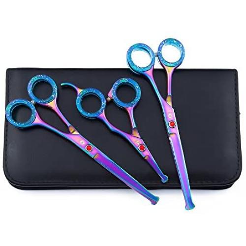 Dream Reach 3PCS Safety Round Tips Pet Grooming Scissors Kit for Dogs Cats Body Face Ear Nose Paw,6.5'' Straight Scissor,6.5'' Curved Scissor,4.5'' Straight Scissor with Bag