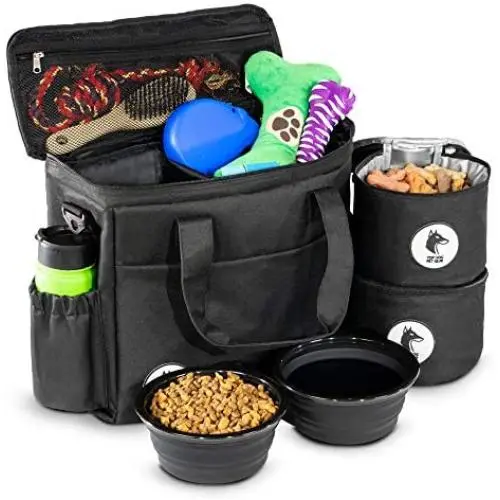 Top Dog Travel Bag - Airline Approved Travel Set for Dogs Stores All Your Dog Accessories - Includes Travel Bag, 2X Food Storage Containers and 2X Collapsible Dog Bowls - Black Top Dog Travel Bag - Airline Approved Travel Set for Dogs Stores All Your Dog Accessories - Includes Travel Bag, 2X Food Storage Containers and 2X Collapsible Dog Bowls - Black