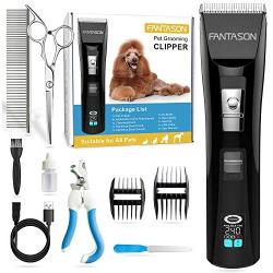 FANTASON Dog Clippers, Professional Pet Grooming Kit Low Noise Dog Hair Trimmer Set Cordless Rechargeable Heavy Duty Electric Shaver Clipper Tools with LCD Screen for Thick Coats Dogs Cats Pets