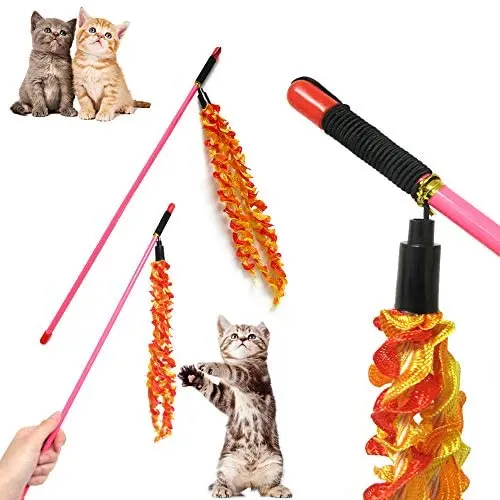 2pc Cat Kitten Pet Wand Teaser Toy Catcher Stick Interactive Play Chase Colorful