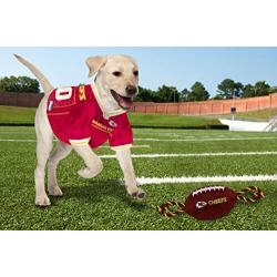 Pets First NFL Kansas City Chiefs Football Dog Toy, Tough Nylon Quality Materials with Strong Pull Ropes & Inner Squeaker in NFL Team Color