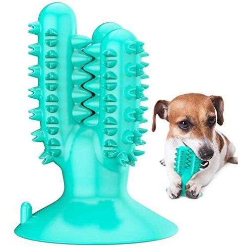 SHEROX Dog Health Toothbrush, Dog Dental Care Chew Toy, Oral Massager for Aggressive Dogs, Teeth Cleaning Stick with Suction Cup for Puppies and Large Dogs, Cactus Shape, Blue
