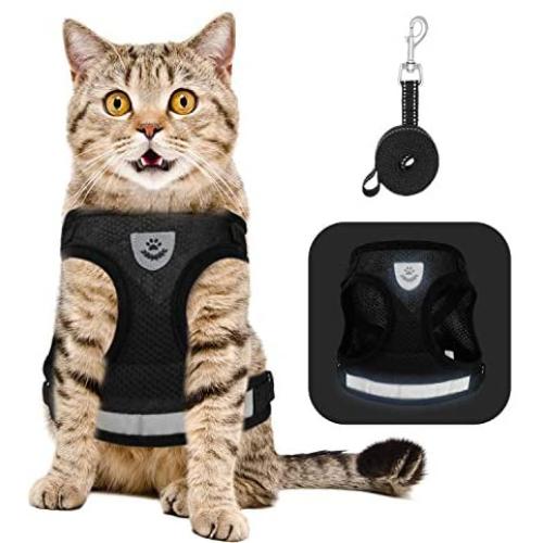 Lenlorry Escape Proof Cat Harness with Leash Collar Set Reflective Adjustable Soft Mesh Step-in Walking Vest Harness for Small Medium Large Cat Dog Rabbit Outdoor Walking
