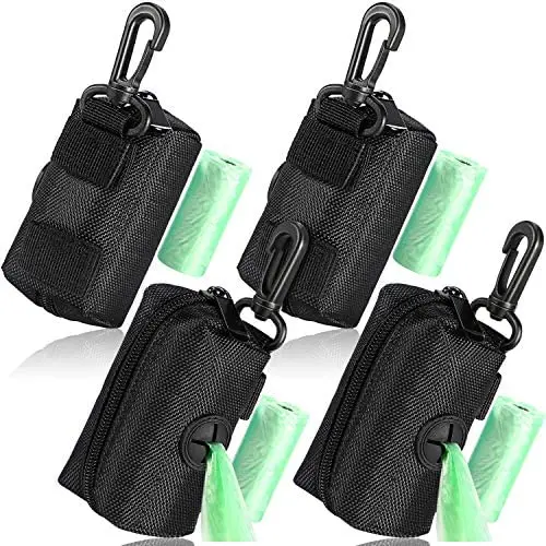 Outus 4 Dog Poop/Waste Bag Holder Leash Attachment, Dog Poop Bag Dispenser Zipper Pouch with Aluminum Keychain Clip Includes 4 Roll of Pick-up Bags, Fits for Any Dogs Leash (Black)