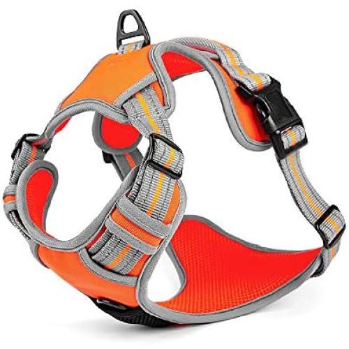 OFHome No Pull Dog Harness, Reflective Padded Dog Vest Harness with 2 Metal Leash Clips, Adjustable Soft Breathable Oxford Pet Vest with Easy Control Handle for Small Medium Large Dogs, Orange,Black