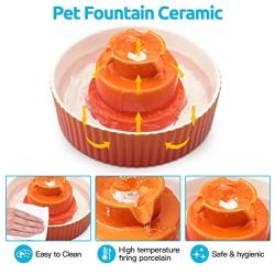 VinDox Ceramic Cat Fountain, 2.1L Pet Drinking Fountain for Cat and Dog, Cat Fountain Porcelain, Cat Water Dispenser with 3 Activated Carbon Filter and Sponge Foam Pre-Filter(Orange)