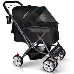 WONDERFOLD P1 Folding Pet Stroller Wagon for Dogs/Cats, 4 Wheels, Zipperless Entry, Storage Basket, Cup Holder