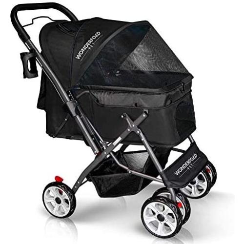 WONDERFOLD P1 Folding Pet Stroller Wagon for Dogs/Cats, 4 Wheels, Zipperless Entry, Storage Basket, Cup Holder