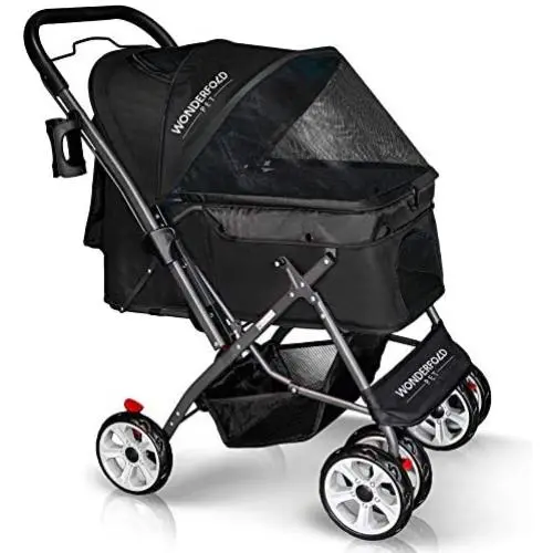 WONDERFOLD P1 Folding Pet Stroller Wagon for Dogs/Cats, 4 Wheels, Zipperless Entry, Storage Basket, Cup Holder WONDERFOLD P1 Folding Pet Stroller Wagon for Dogs/Cats, 4 Wheels, Zipperless Entry, Storage Basket, Cup Holder