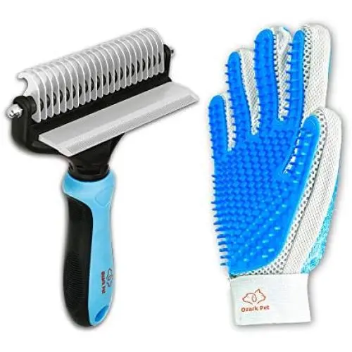 Pet Grooming Kit for Dog and Cat with 2 Sided Grooming Brush and 2 Sided Grooming Glove for De-Shedding, De-Matting and Cleaning All Pet Hair Effectively