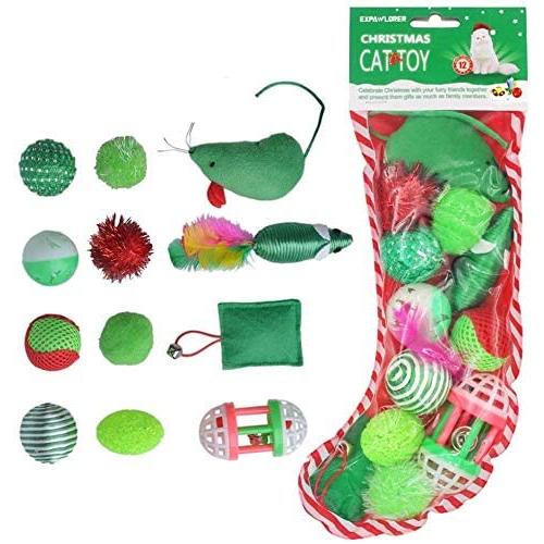 12 PCS Christmas Cat Toys - Christmas Cat Toy Stocking Gifts Including Ball, Mouse, Bell, Catnip Toys, Crinkle Balls, Interactive Kitten Toys