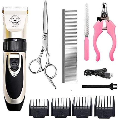 HFAN Dog Clippers, Professional Cordless Low Noise Rechargeable Grooming Trimmer Hair Electric Shaver Kit Pet Clippers with 4 Comb Guides Scissors for Dogs, Cats and Other Animals