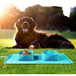 Lattook Collapsible Dog Bowls, Foldable Expandable Cup Dish for Pet Dog Cat Food Water Feeding Portable Travel Bowl, Food Grade Silicone Double Pet Bowl for for Camping, Hiking, Walking, Blue