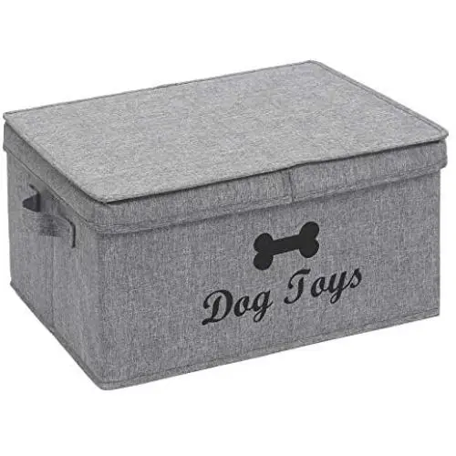 Large Canvas Dog Basket with lid 16.5''x12'' inch Storage for Dog Supplies - Perfect Puppy Storage bin for organizing Dog Doggie Toys and Accessories