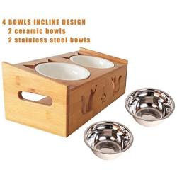 Lepet Elevated Dog Cat Bowls, Raised Pet Feeder Solid Bamboo Stand Perfect for Cats and Small Dogs (4 Bowls Incline)