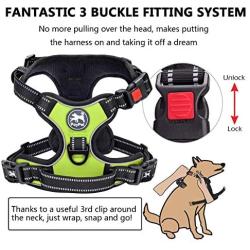 PoyPet Dog Harness No Pull, Reflective Adjustable No Choke Pet Vest with Front & Back Clips, Soft Control Training Handle for Large Dogs (Green, XL)