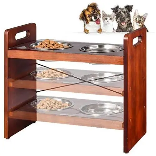 Pet Bowls for Cats and Dogs, Raised 3 Adjustable Wooden Elevated Feeder Stand with 2 Stainless Steel Bowls and Waterproof pad Pet Bowls for Cats and Dogs, Raised 3 Adjustable Wooden Elevated Feeder Stand with 2 Stainless Steel Bowls and Waterproof pad