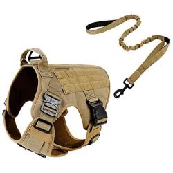 rabbitgoo Tactical Dog Harness and Bungee Dog Leash Set for Large Medium Dogs, Molle Vest for Service & Training Military Dogs Adjustable Training Hunting Dog Tactical Vest, Tan, L, Chest (31.5-41.3”)