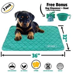 Ruff n Ruffus Reusable and Washable Puppy Pee Pads for Dogs (Set of 2) | Bonus Travel Bowl, Poop Bags and Dispenser | Extra Large 32” x 36” Underpads for Potty Training (Extra-Large (with FREE BONUS))