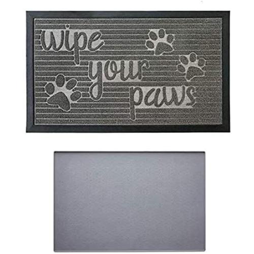 Gorilla Grip Doormat and Pet Feeding Placemat, Doormat is Size 47x35 in Gray Stone Paws Pattern, Pet Feeding Mat is Size 18.5x11.5 in Gray, Great for Messes from Dogs and Cats, 2 Item Pet Bundle