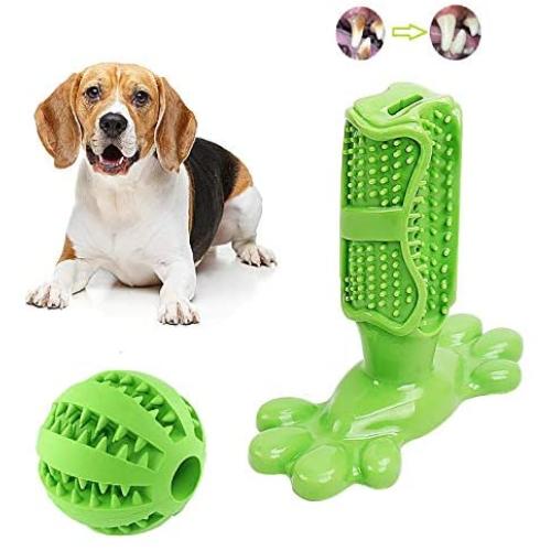 Dog Chew Toothbrush Toys, 2 Pack Small Medium Dog Teeth Cleaning Chewing Playing Toy Natural Rubber Bite Resistant Oral Care Sticks and Dogs Squeaky Balls