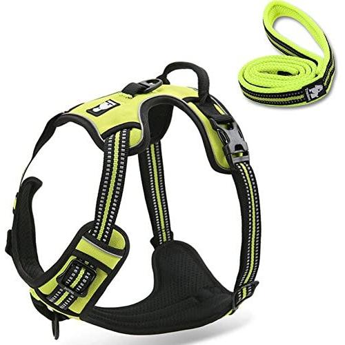 OLizee Reflective Nylon No-Pull Dog Harness and Training Leash Set Padded Durable Adjustable(S, Green Set)