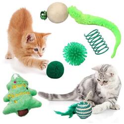 Sanlebi Christmas Cat Toys Stocking - 6 PCS Pet Cat Assorted Indoor Interactive Toys with Bell X-mas Gift Set for Kitten Kitty