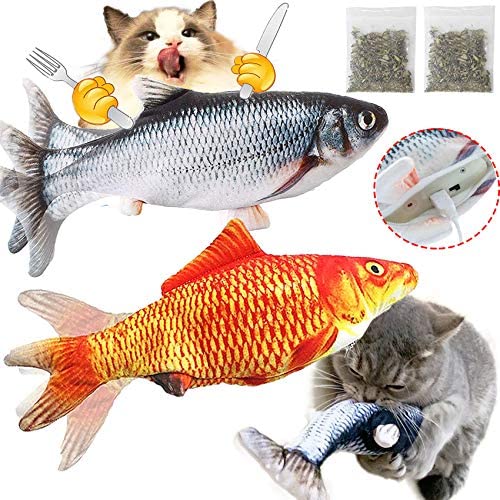 iChosen 2 Pack Electric Moving Fish Cat Toy, Realistic Wiggle Fish Kicker Catnip Cat Toy, Catnip Filled Kitty Toy, Funny Plush Interactive Pet Toy Pillow Chew Bite for Cat Kitten Kitty