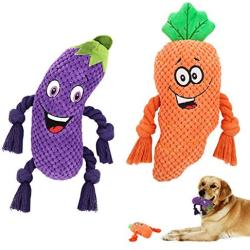 Lewondr Plush Dog Toys, Cute Soft Squeaky Plush Toy for Dogs Quality Corduroy Animated Stuffed Puppy Chew Toy with Squeakers Eggplant Carrot Interactive Soft Pet Toys for Teeth Cleaning - Colorful