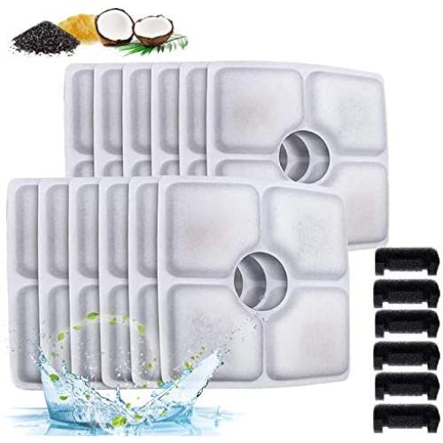 Pet Fountain Filter Set, Triple Filtration System Replacement Cat/Dog Water Dispenser Filters & Foam Filter for 84oz/2.5L Automatic Pet Water Fountain (12 Packs Carbon Filters + 6 Packs Foam Filters)