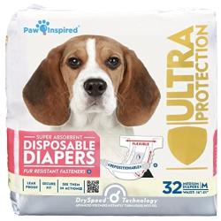 Paw Inspired 32ct Disposable Dog Diapers | Female Dog Diapers Ultra Protection | Diapers for Dogs in Heat, Excitable Urination, or Incontinence (Medium)