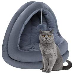 Super Cushioned Cat Igloo Bed Novelty Half-Covered Pet Snuggery Hut for Cats and Small Dogs Washable Indoor Cat Puppy Sleeping Cattery Beds with Dangling Ball Anti-Slip Bottom