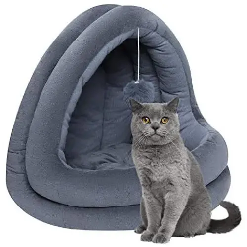Super Cushioned Cat Igloo Bed Novelty Half-Covered Pet Snuggery Hut for Cats and Small Dogs Washable Indoor Cat Puppy Sleeping Cattery Beds with Dangling Ball Anti-Slip Bottom