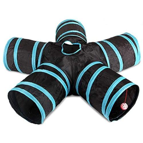 Pet Toys Cat Tunnels for Indoor Tube Cat 5 Way Peek Hole Toy Ball Cat Extensible Collapsible Cat Play Tent Interactive Toy Maze House Suitable for Animals Such as Puppy Rabbit Kitten (Blue & Black）