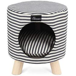 WANTRYAPET Pet House Ottoman Indoor Cat Condo with Cushion Top and Interior Pillow for Cat or Small Dog, 12.2'' L X 12.2'' L X 11'' H, Blue White Pinstripes