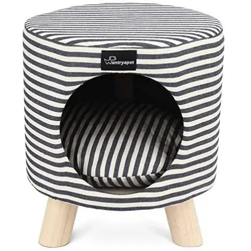 WANTRYAPET Pet House Ottoman Indoor Cat Condo with Cushion Top and Interior Pillow for Cat or Small Dog, 12.2'' L X 12.2'' L X 11'' H, Blue White Pinstripes WANTRYAPET Pet House Ottoman Indoor Cat Condo with Cushion Top and Interior Pillow for Cat or Small Dog, 12.2'' L X 12.2'' L X 11'' H, Blue White Pinstripes