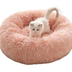 VIAGE Premium Shag Vegan Fur Soft Plush Donut Dog Bed, Soft and Warm Pet Bed for Dogs & Cats Indoor Snooze Sleeping Cozy Kennel (Donut Medium 30, Pink Bed)