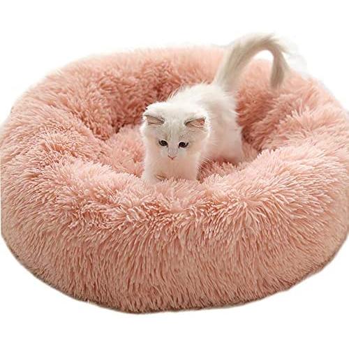 VIAGE Premium Shag Vegan Fur Soft Plush Donut Dog Bed, Soft and Warm Pet Bed for Dogs & Cats Indoor Snooze Sleeping Cozy Kennel (Donut Small 23, Pink Bed)
