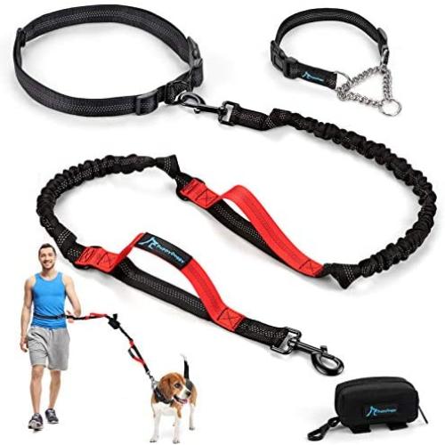 PuppyDoggy Hands Free Dog Leash Reflective 6 ft for Large and Medium Dogs with Adjustable Waist Belt & Chain Martingale Dog Collar & Poop Bag Dispenser for Running Walking Training (Medium, Red)