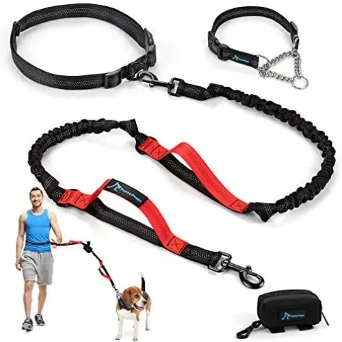 PuppyDoggy Hands Free Dog Leash Reflective 6 ft for Large and Medium Dogs with Adjustable Waist Belt & Chain Martingale Dog Collar & Poop Bag Dispenser for Running Walking Training (Medium, Red)