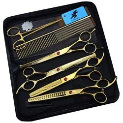 Freelander 6 PCS Pet Grooming Scissors Kit With round head, 7 inch Gold Used for Dog or Cat with Cutting Scissors, Thinning Shear, Curved Scissors, Grooming Comb